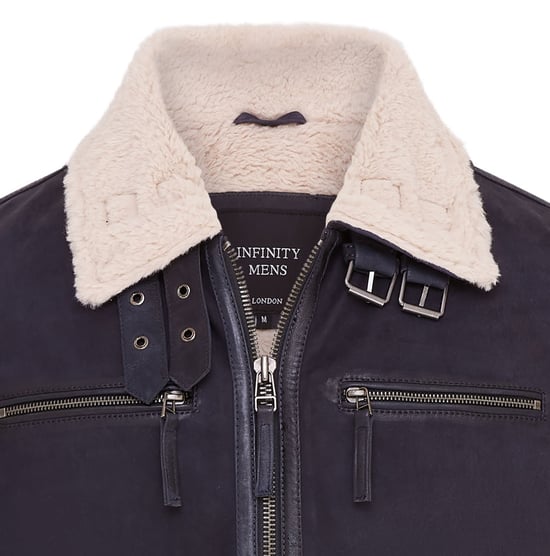 Mens Blue Real Sheep Suede Bomber Aviator Jacket - Sandnes