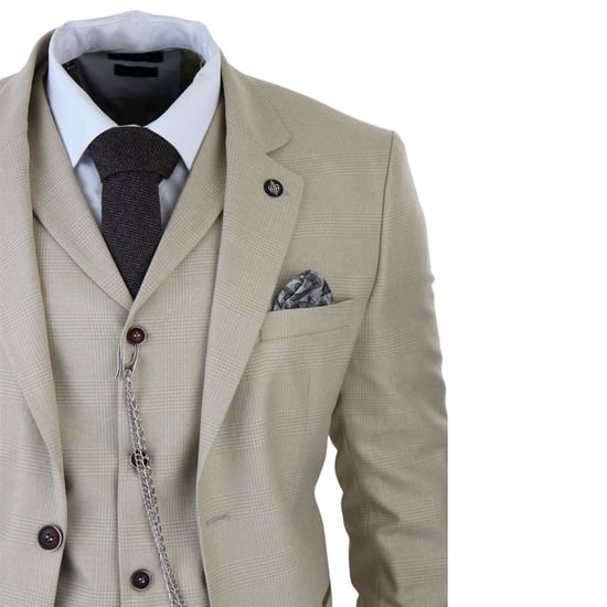 Traje de tres piezas de cuadros Príncipe de Gales color crema para hombre - Image 5