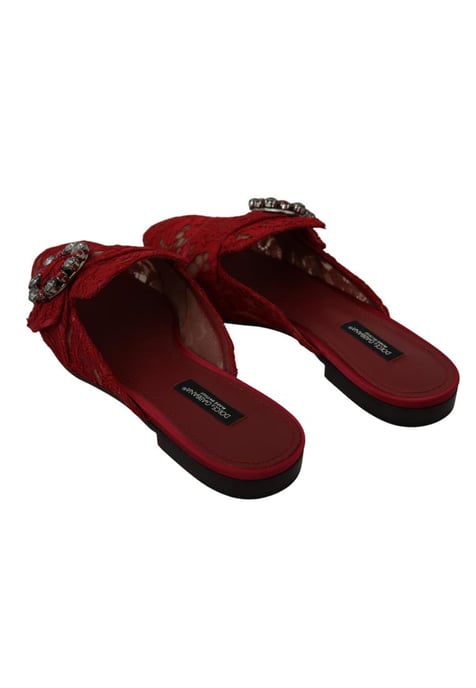 Dolce & Gabbana Women's Red Lace Crystal Slide On Flats Shoes