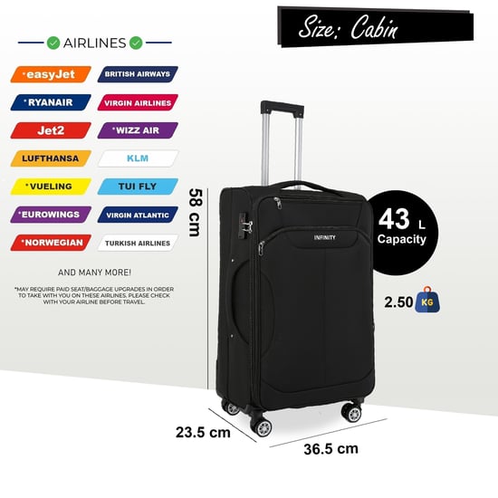 Black Soft Shell Suitcase 8 Wheel Luggage Travel TSA Light Carry On Cabin Bag