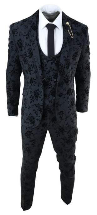 Traje de cena de tres piezas de terciopelo con estampado de cachemira negro para hombre - Image 2