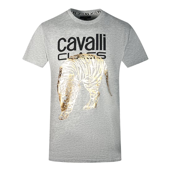 Camiseta Gris con Estampado de Logo de Tigre Dorado Grande de Cavalli Class - Image 1