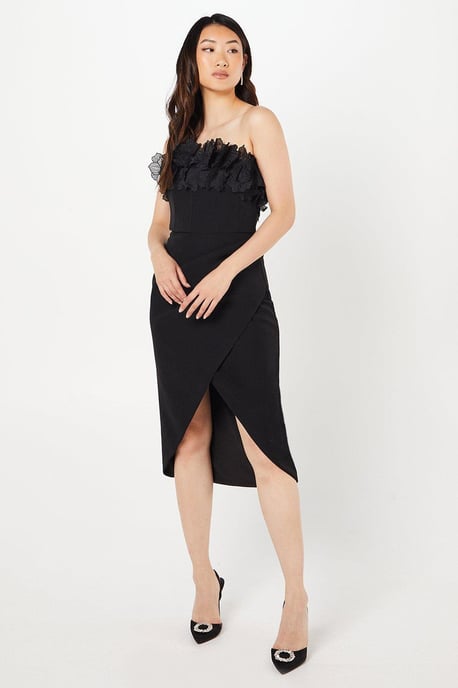 3d Organza Flower Bardot Wrap Front Midi Dress - Image 1