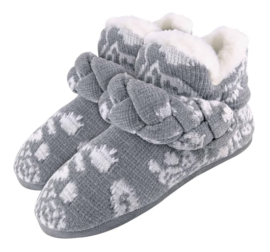 Dunlop - Ladies Knitted Warm Fleece Plush Slippers Boots/Booties in Grey Fairisle and Pink Cord Styles - Image 2