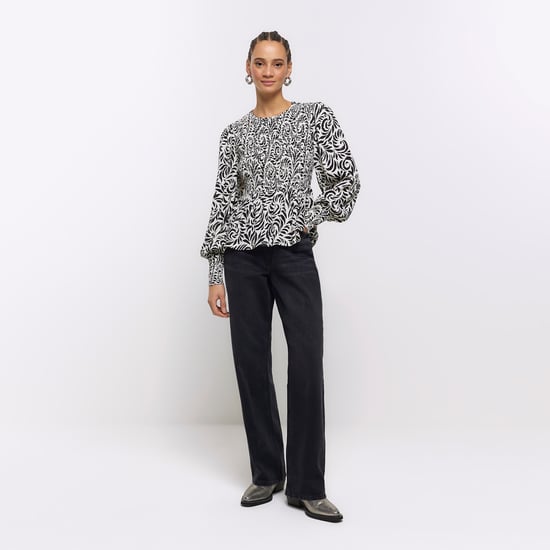 River Island Womens Blouse Black Abstract Shirred