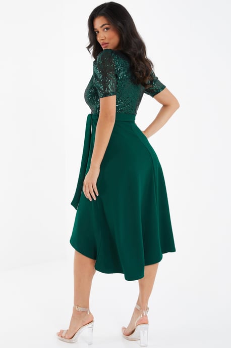 Bottle Green Sequin Wrap Dip Hem Midi Dress