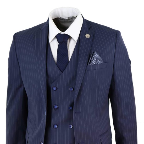 Traje retro de tres piezas de raya diplomática azul marino para hombre - Image 3