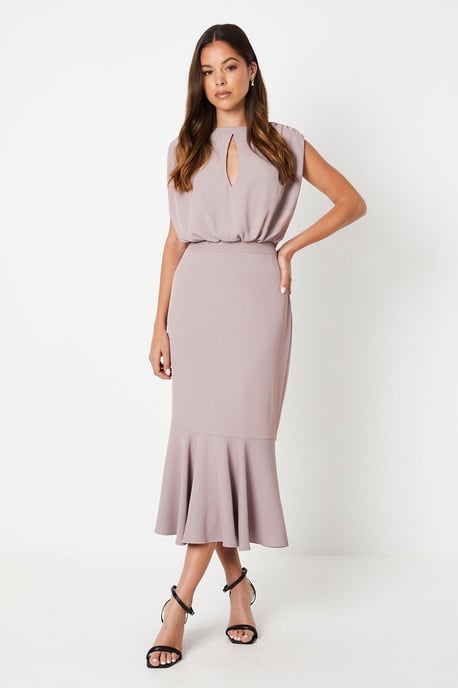 Drape Crepe Blouson Flute Hem Midi Dress - Image 1