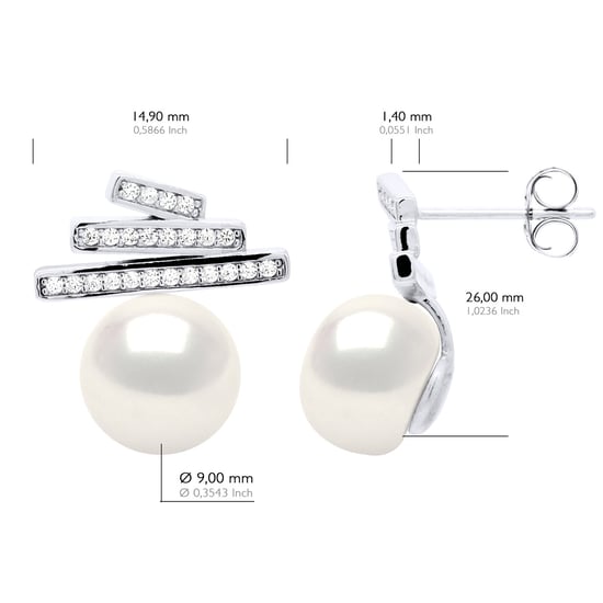 Earrings Strips mounted with Cubic Zirconia - Real Cultured Freshwater Pearl Button 9-10 mm