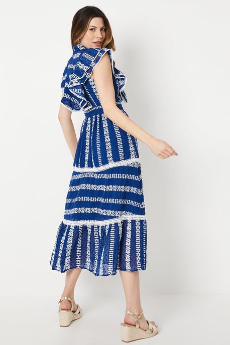 Embroidered Ruffle Detail Tiered Midi Dress