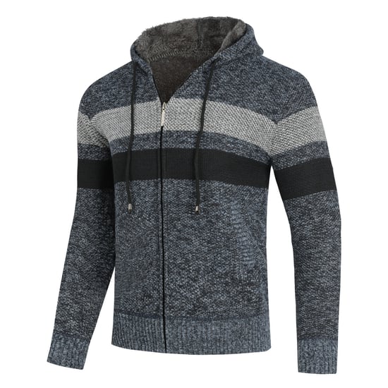 Men's Winter Transition Cardigan with Hood Lined Chunky Knit Hooded Warm Jacket Blue - Image 2