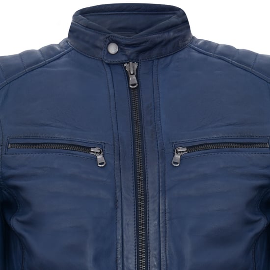 Vintage quilted navy blue leather racing bike jacket with zipper