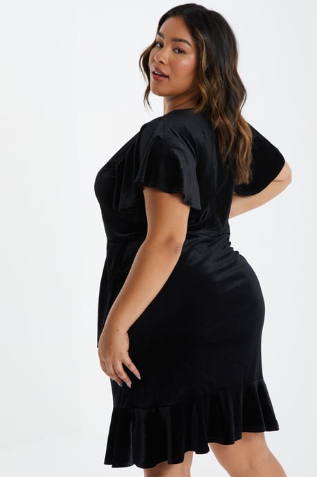 Curve Black Velvet Frill Dress