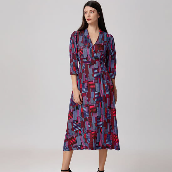 Graphic Print V Neckline Midi Wrap Dress - Image 5