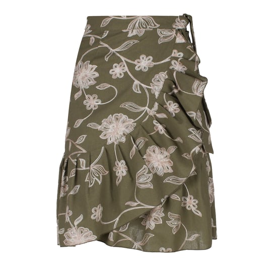 Falda cruzada con volante floral bordada verde oliva - Image 1