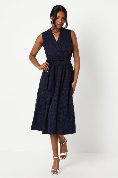 Sleeveless Lace Shirt Tie Waist Midi Dress