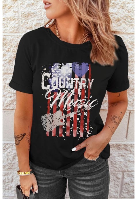 Camiseta de manga corta negra con estampado de la bandera americana de para mujer - Image 2