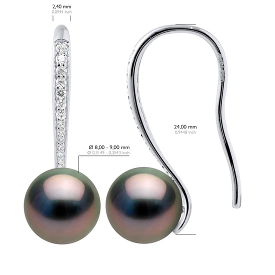 Earrings Real Cultured Tahiti Pearls Round 8-9 mm mounted Cubic Zirconia - Image 2