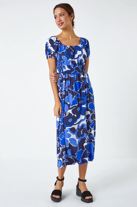 Floral Print Puff Sleeve Midi Dress