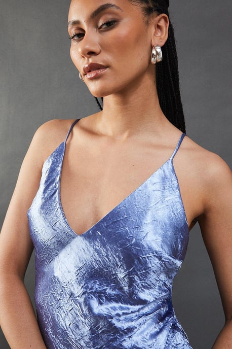 Premium Crinkle Satin V Neck Strappy Back Midaxi Slip Dress
