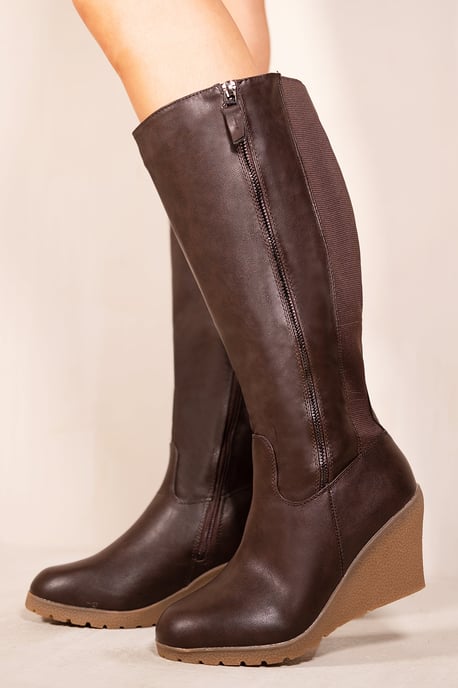 Where's That From Womens 'Lara' Wedge Heel Mid Calf High Boots With Side Zip - Chocolate Brown Faux Leather