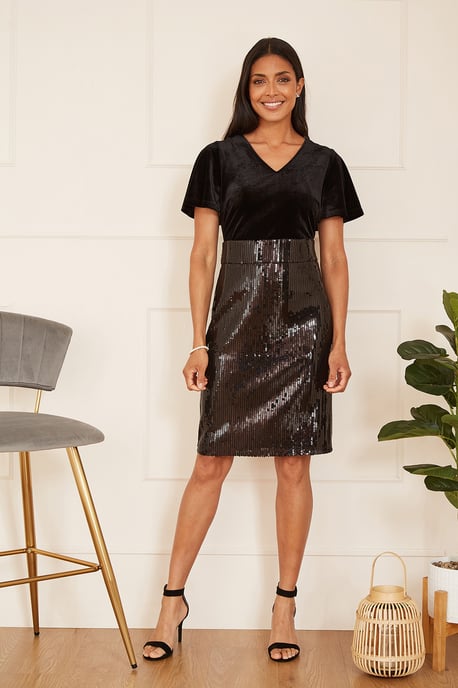 Black Velvet And Sequin Fitted Dress