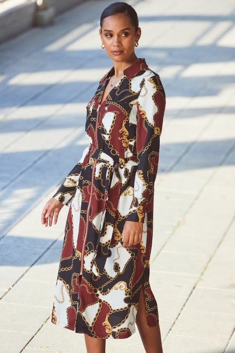 Black Multi Print Zip Front Belted Midi Dress