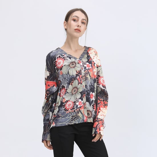 Macro floral print and V neck blouse - Image 1