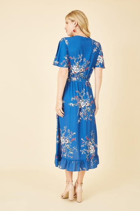 Blue Floral Dip Hem Wrap Midi Dress