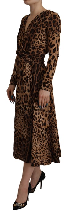 Vestido Maxi Alineado de Viscosa para Mujer con Estampado de Leopardo Marrón de Dolce & Gabbana - Image 4