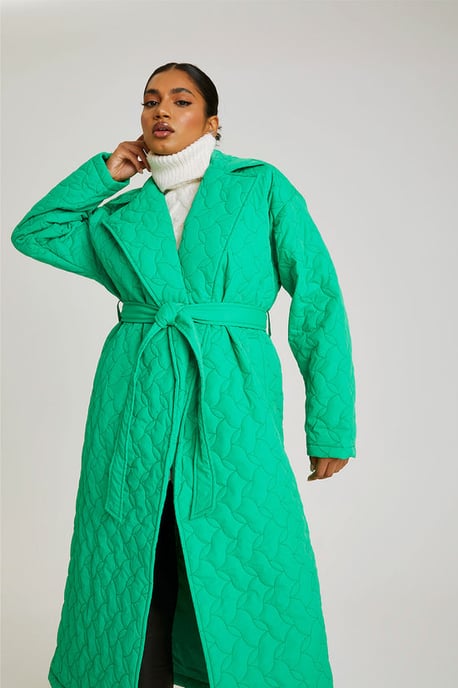 Green Longline Quilted Belted Jacket