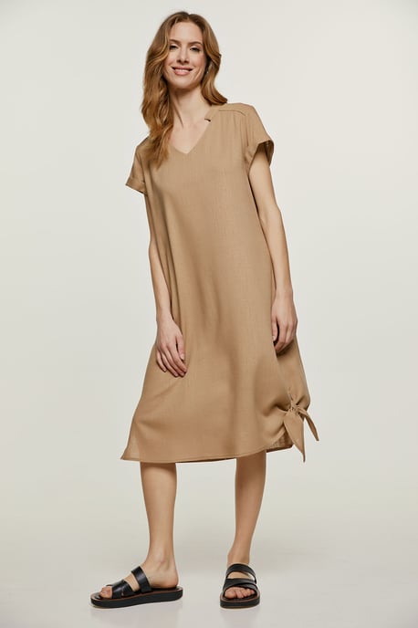 Vestido midi beige con detalle de lazo - Image 6