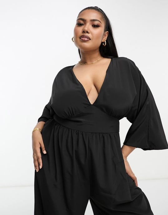 ASOS DESIGN Curve kimono sleeve culotte jumpsuit-Black