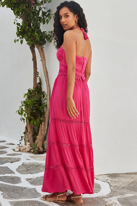 Pink Lace Detail Tiered Hem Maxi Skirt