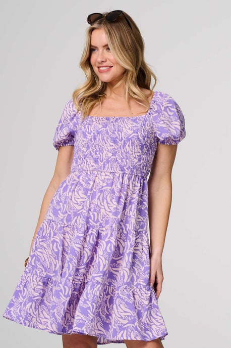 Purple Printed Short Bardot Smock Dress