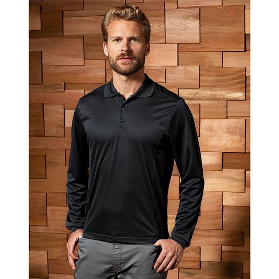 Premier Mens Long Sleeve Coolchecker Pique Polo Shirt (Black) - Image 3
