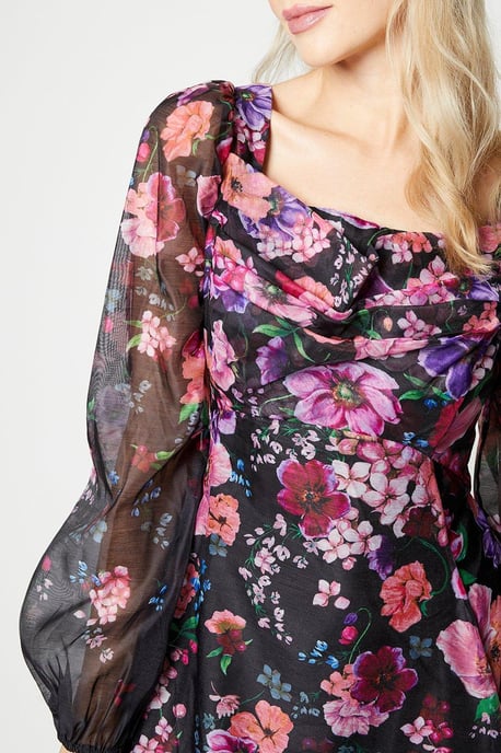 Organza Panelled Print Midi Dress