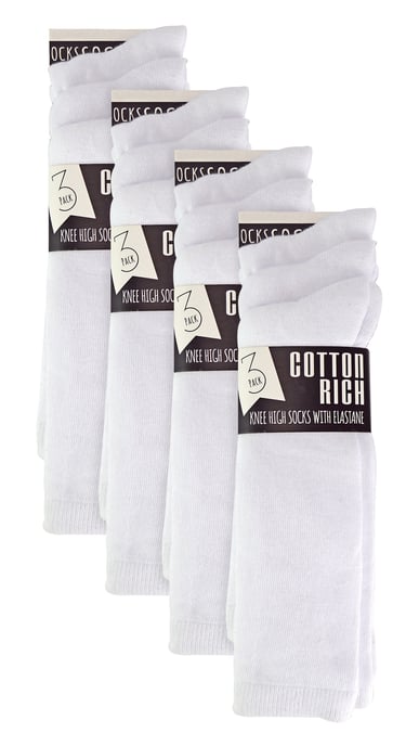 12 Pair Multipack Girls Knee High Socks | Breathable Long Cotton School Socks | Color Option - Grey, Black, White, Blue - Blanco - Image 2