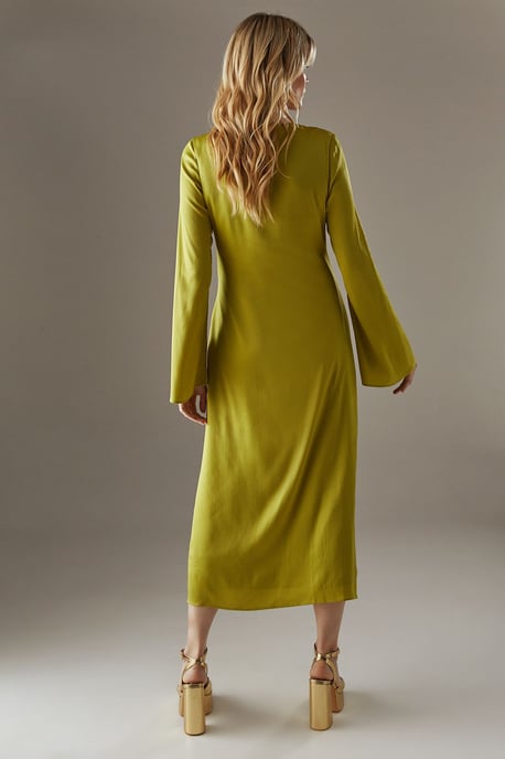 Crinkle Satin Ruched Front Column Midi Dress