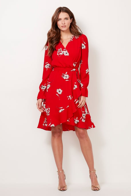 Red & White Floral Faux Wrap Dress