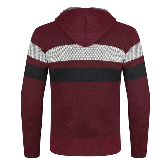 Men's Winter Transition Cardigan with Hood Lined Chunky Knit Hooded Warm Jacket Burgundy - Image 3