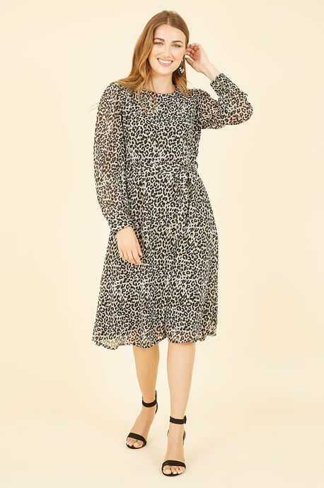 Black Leopard Long Sleeve Skater Dress
