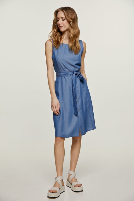 Sleeveless Dress with Belt and Button Detail