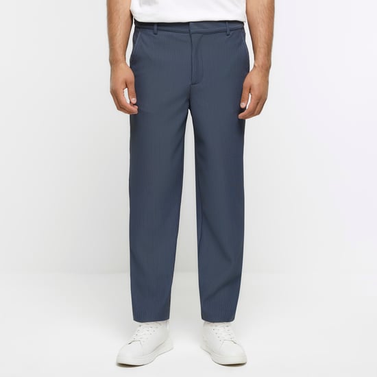 River Island Mens Smart Trousers Blue Tapered Fit Plisse