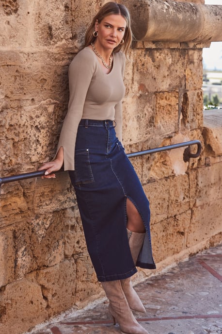 Dark Indigo Denim Cargo Midi Skirt