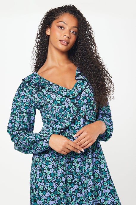 Tall Blue Ditsy Ruffle Front Midi Dress - Image 4