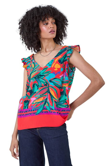 Tropical Print Frill Sleeve V-Neck Vest Top