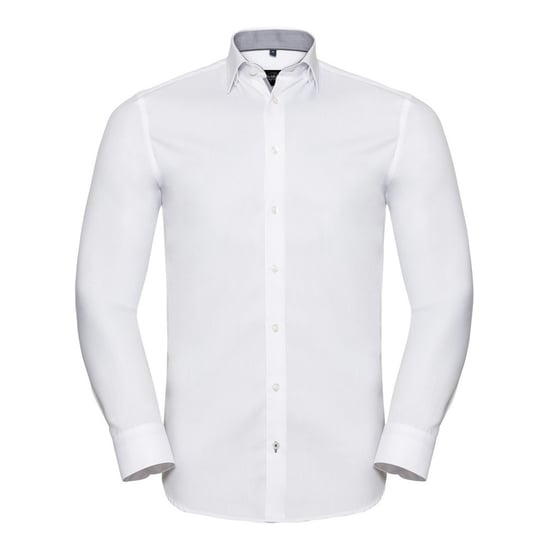 Russell Collection Mens Long Sleeve Contrast Herringbone Shirt (White/Silver) - Image 1