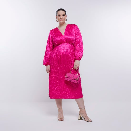 River Island Womens Wrap Midi Dress Plus Pink Long Sleeve