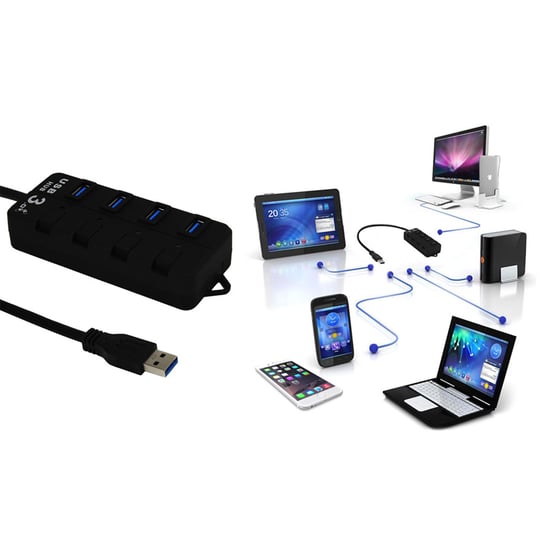 Aquarius 4-Port USB Hub with Individual LED Power Switches - Black